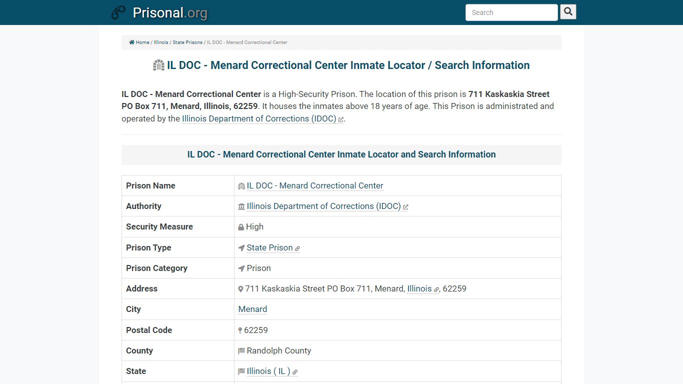 IL DOC - Menard Correctional Center-Inmate Locator/Search ...